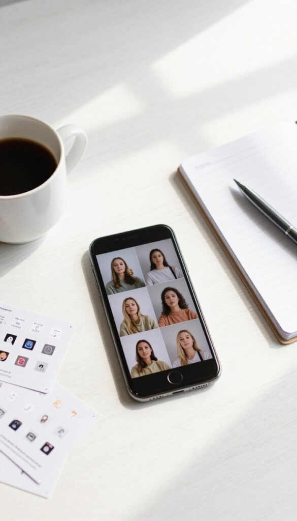 Flat lay of smartphone showing photo editing, coffee, notebook, and preset cards on white wooden table.