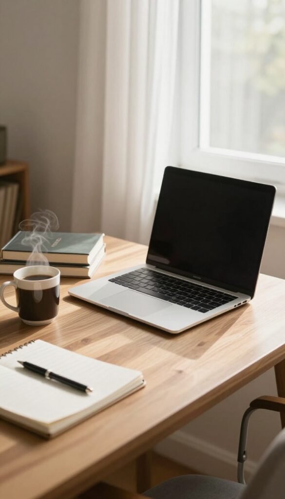 Cozy home office setup for online tutoring with laptop, books, and coffee in natural light
