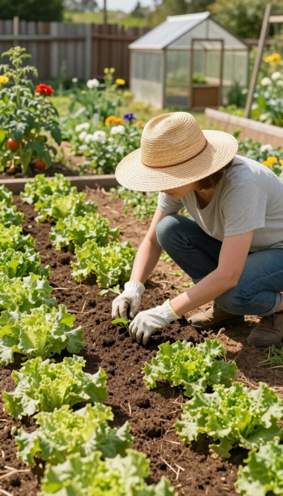 Person planting seedlings in a sunny vegetable garden with rustic fence and greenhouse