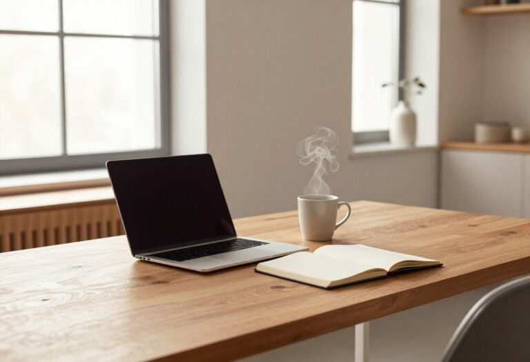 Laptop on a desk with coffee and notebook, representing side hustles from home