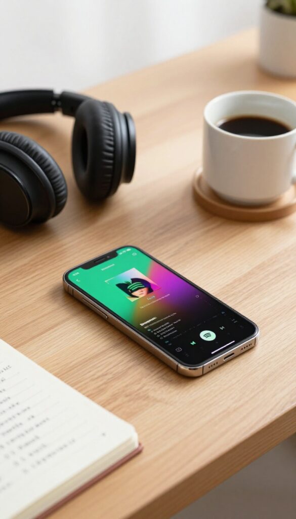 Smartphone showing a Spotify playlist with headphones and coffee on a wooden desk