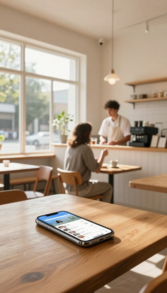Smartphone showing social media dashboard on a wooden table in a small-town coffee shop with barista and customer in background