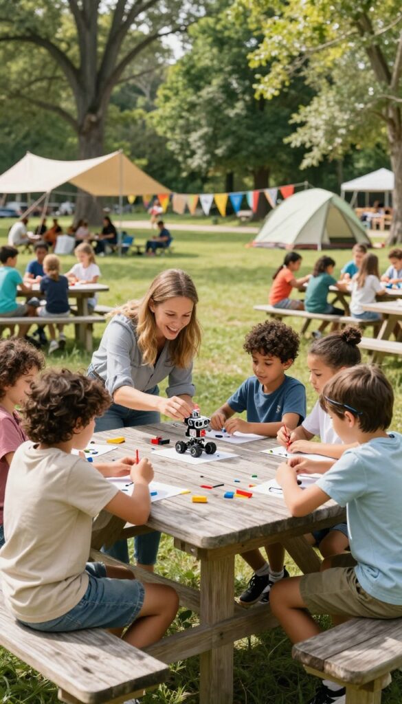 Teacher leading kids in a summer camp STEM activity outdoors