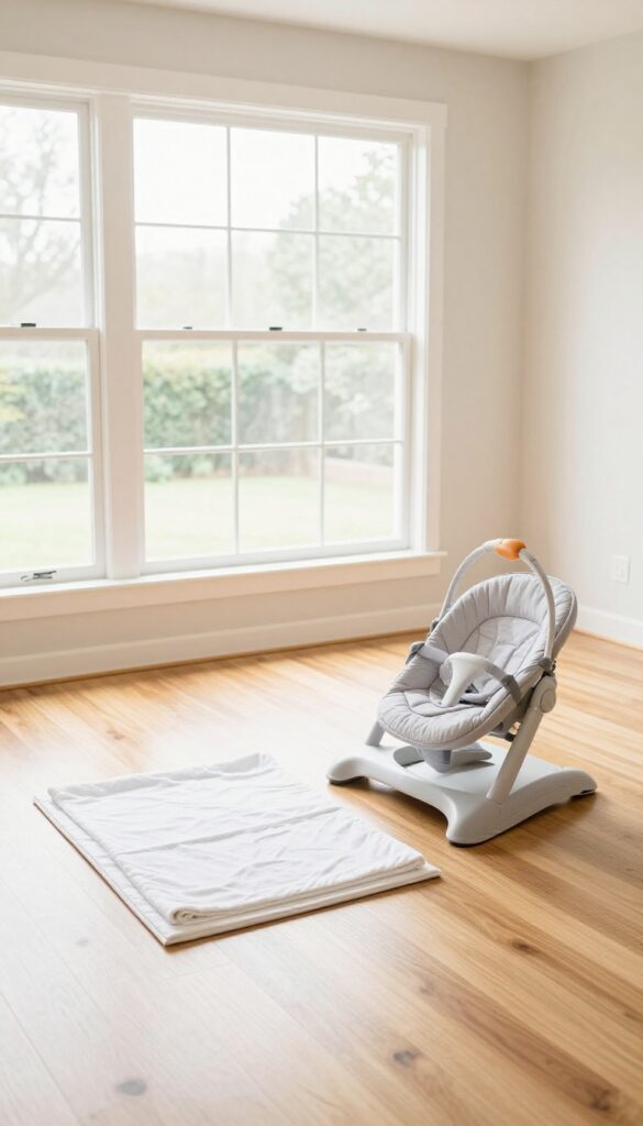 Baby gear including a swing, bouncer, and play mat arranged on a wooden floor in a sunlit room