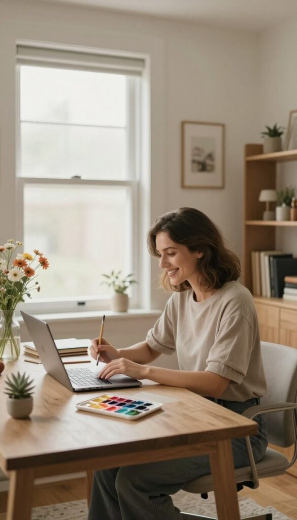 Woman teaching watercolor painting online in a bright home studio