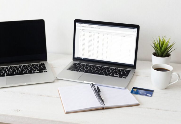 Flat lay of small business essentials on a white desk with laptop, notebook, pen, credit card, plant, and coffee