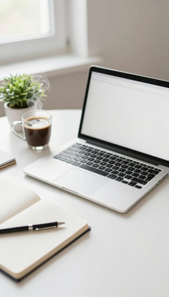 Cozy desk with laptop, coffee, plant, and notebook for freelance writing