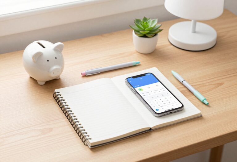 Teen's desk with piggy bank, notebook, calculator, and smartphone showing a budgeting app