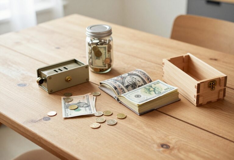 DIY money saving boxes made from mason jar, book, tin can, and wooden crate with coins and bills on a table