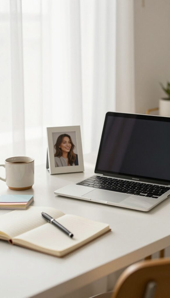 Bright home office desk with an open laptop, notebook, coffee mug, and index cards in soft morning light, evoking a blogger writing a reader success story case study