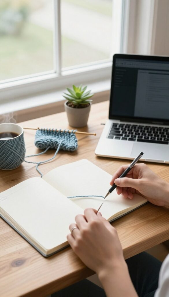 Bright desk scene with an open blank notebook, laptop, and knitting project in progress, capturing a beginner learning a new skill at home.