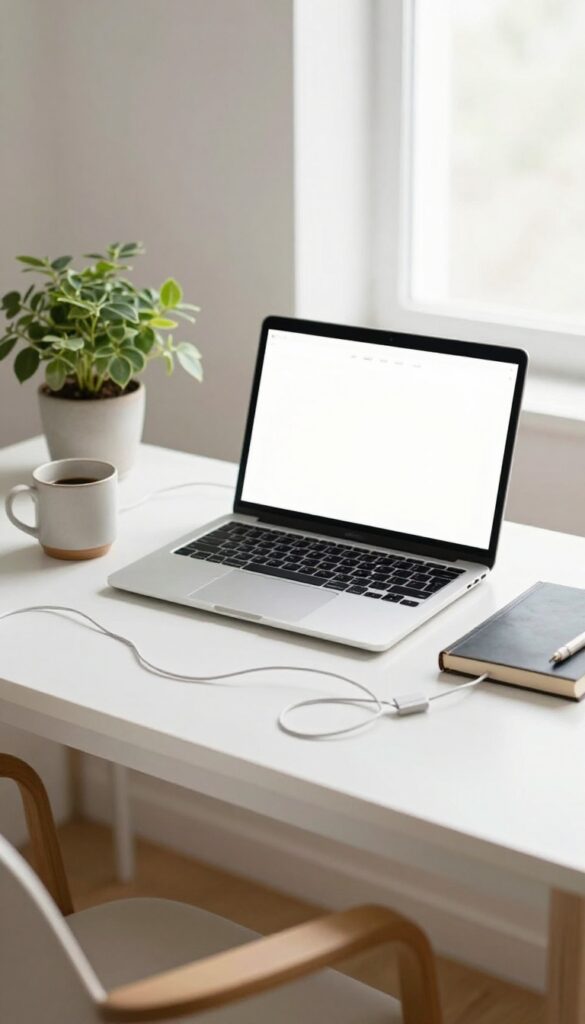 A bright minimalist desk with an open laptop, tangled cables, a plant, and coffee, illustrating a slow and cluttered blog theme setup.