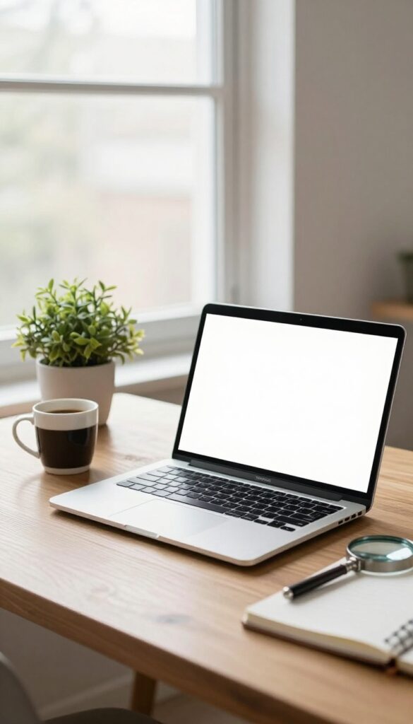 Bright modern desk with a laptop, coffee, plant, and magnifying glass in natural morning light, representing writing click-worthy search descriptions