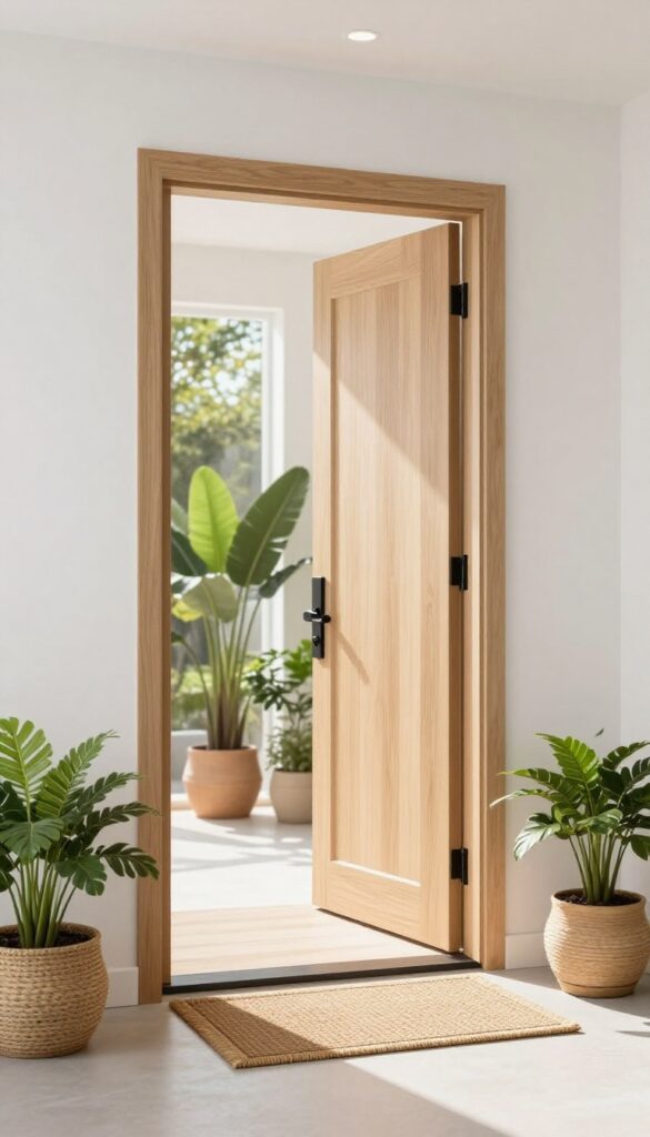 Bright open front door of a welcoming home entryway with potted plants and natural morning light