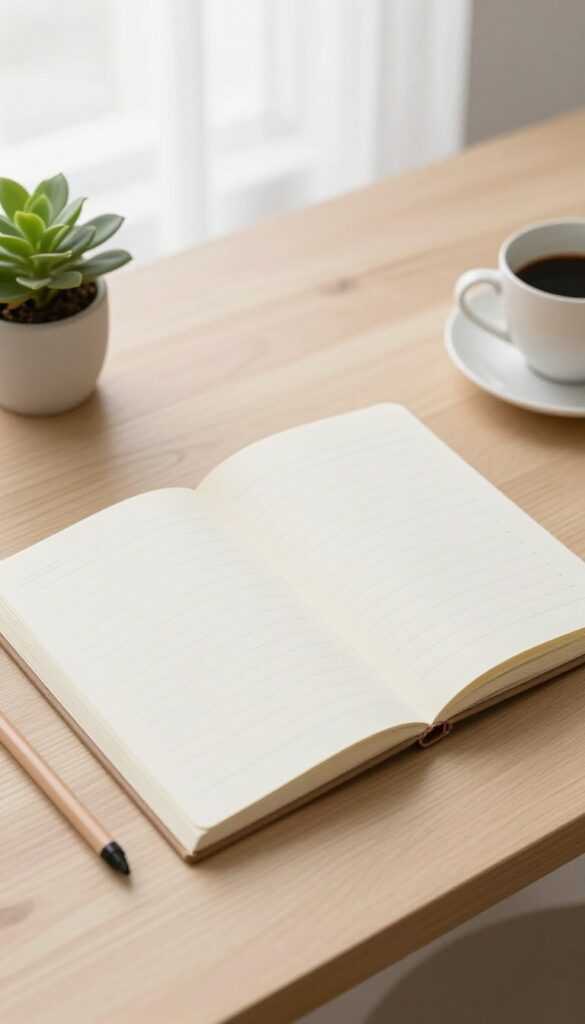 Bright home office desk with an open blank notebook, pencil, plant, and coffee in natural light