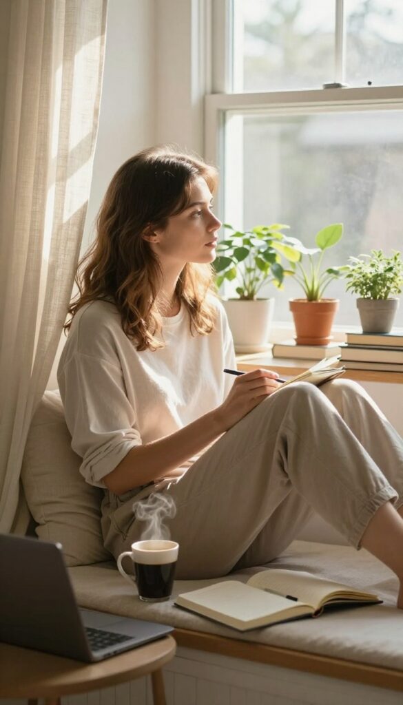 Young woman writing reflections in a notebook on a sunlit window seat with coffee and a laptop nearby