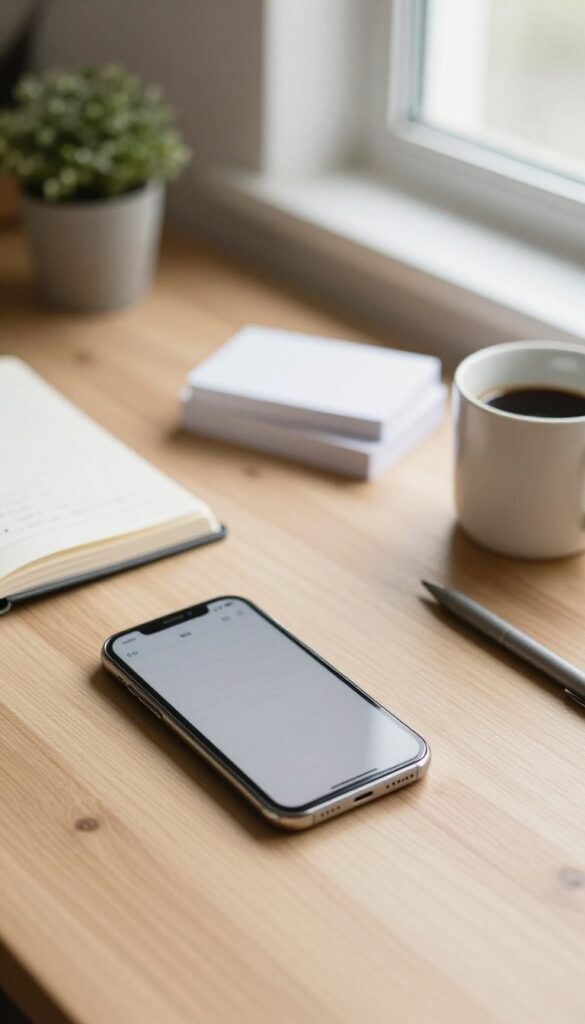 Sunlit desk with a phone showing a notes app, blank index cards, a notebook, pen, coffee mug, and a small plant, set up as a swipe file workspace for blog writing.