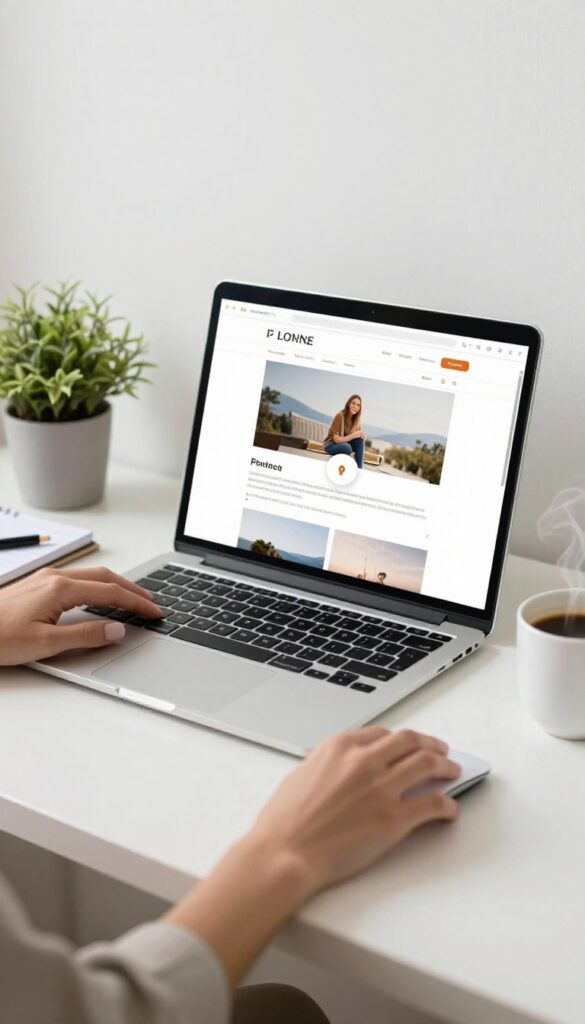 Bright home office desk with an open laptop displaying a blog post image and a small pin-shaped save button hovering over it, with a hand on a mouse, coffee, plant, and notebook nearby