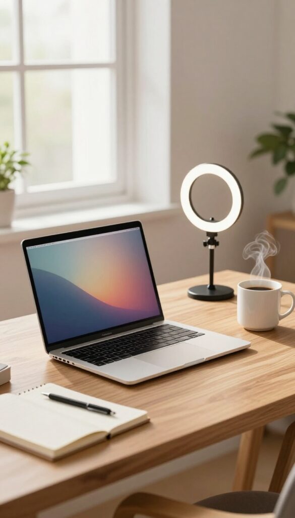 A bright home office desk with an open laptop, ring light, notebook, coffee mug, and plant, set up for hosting a live online workshop in natural daylight.
