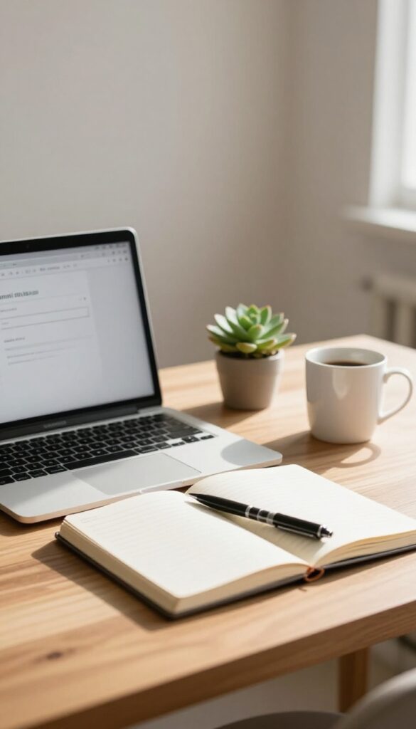 Bright desk with a laptop showing a blank email signup form, notebook, plant, and coffee in natural light