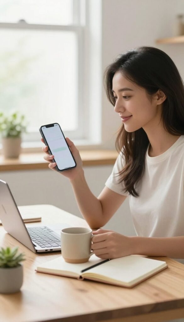 Woman smiling while sharing a newsletter with a friend from her phone at a sunlit kitchen table