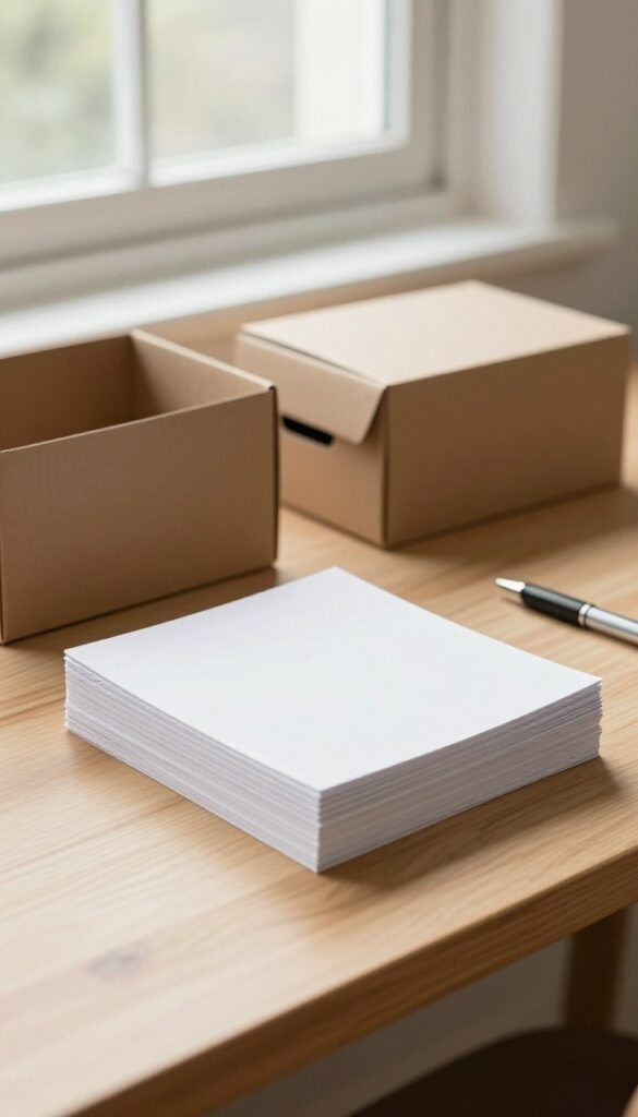 Two identical plain unmarked storage boxes side by side on a bright wooden desk, illustrating distinct non-overlapping categories