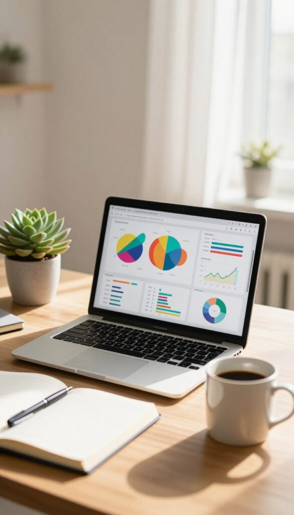 Bright blogger workspace with a laptop showing colorful analytics charts, coffee mug, and a small plant in natural light