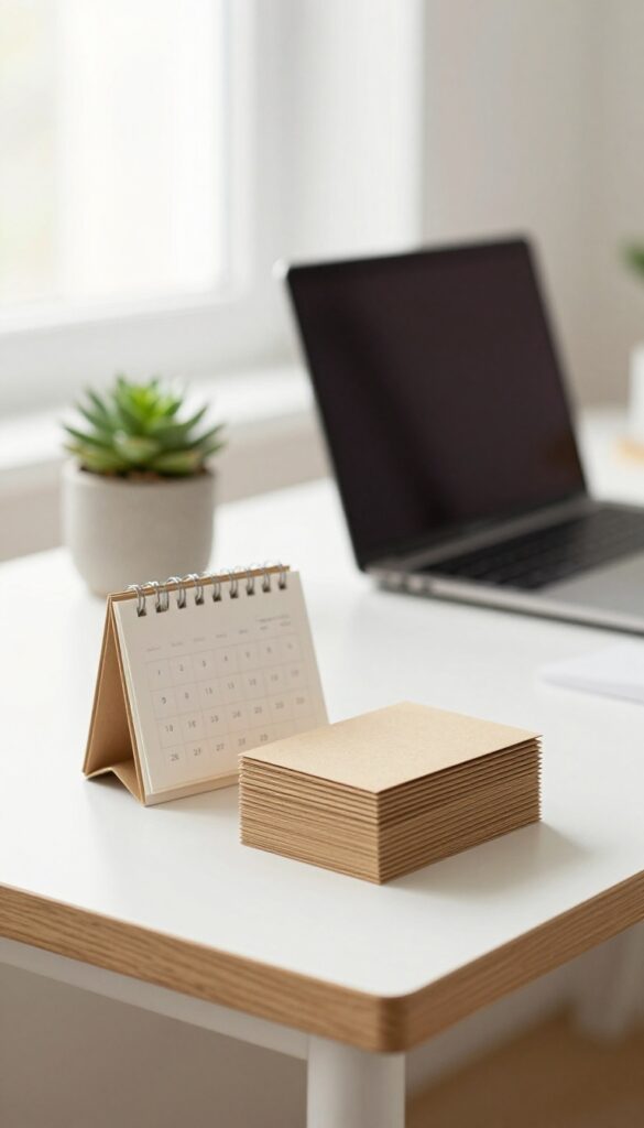 Sunlit desk with a stack of blank paper cards, a paper calendar, and a small succulent in a bright home office