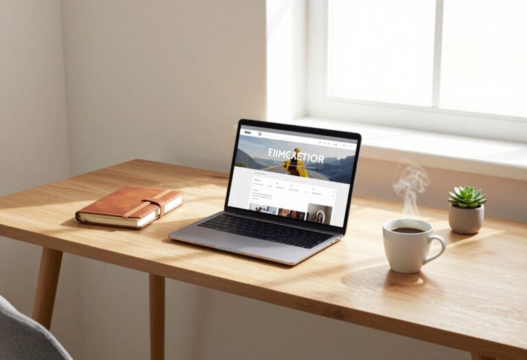 A blogger's desk with a laptop, notebook, and coffee, ready for first-month blogging tasks.