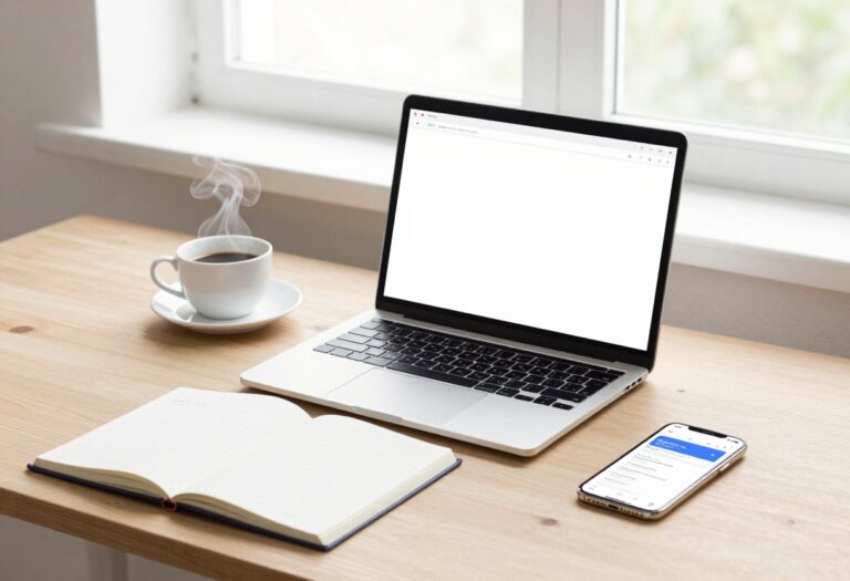 Laptop, coffee, and notebook on a desk representing blog email list building
