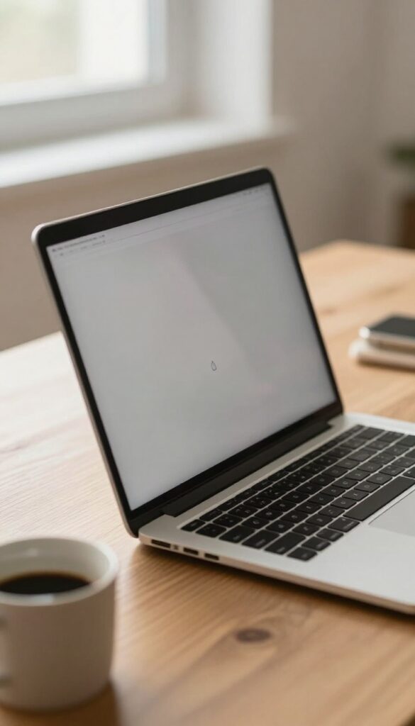 Laptop on a sunlit desk displaying an email compose window with a signature area, coffee mug nearby, clean minimal workspace scene