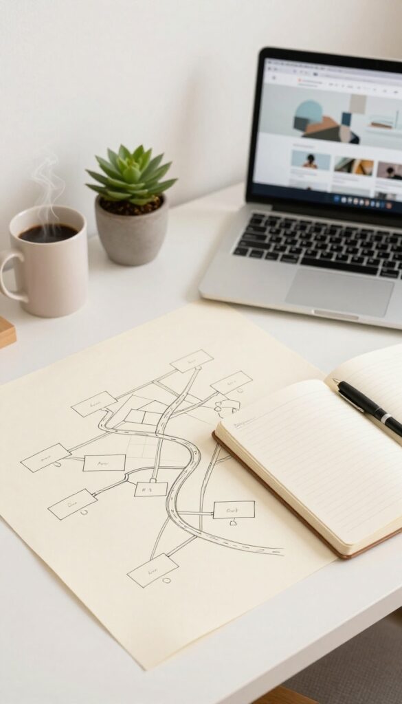 Bright home office desk with a hand-drawn site map sketch, laptop showing a clean website menu layout, coffee mug, and notebook in natural light