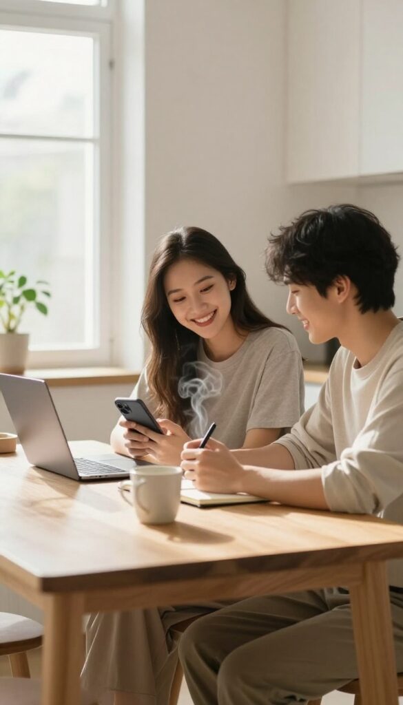 Two friends meeting at a table with coffee and notebooks, checking in on their weekly blogging goals together