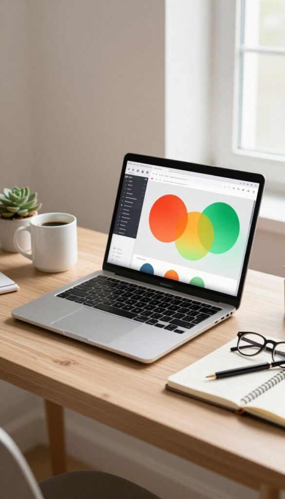 Bright home office desk with an open laptop showing color-coded SEO indicator lights beside a coffee mug and notebook in natural light