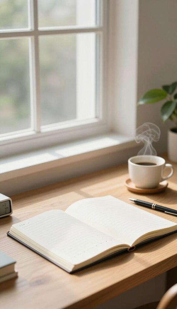 Sunlit desk with an open notebook showing a simple hand-drawn bullet outline, a pen, and a small timer, ready for planning a writing session
