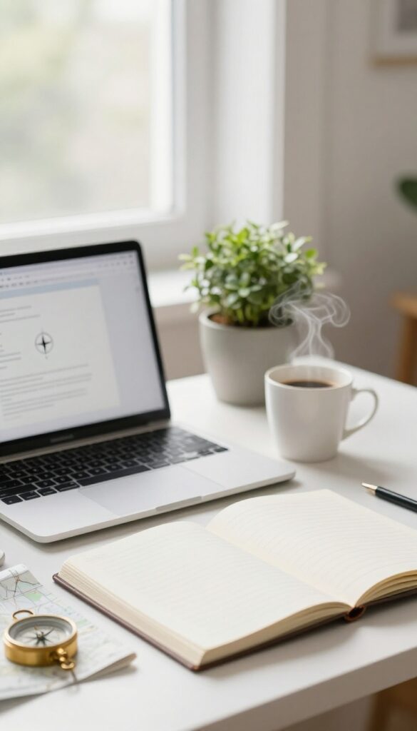 Cozy bright desk with a laptop, coffee, plant, notebook, and a brass compass on a map, suggesting finding your way back when a page goes missing