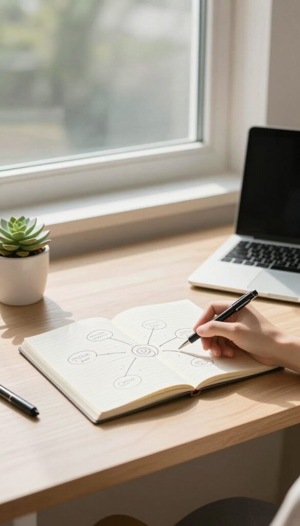 Minimalist desk with a notebook showing a single central mind map idea, a pen, a laptop, and a plant in bright natural light