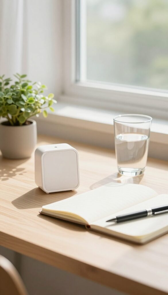 Bright desk by a window with a simple timer, blank notebook, pen, water glass, and small plant in soft natural light