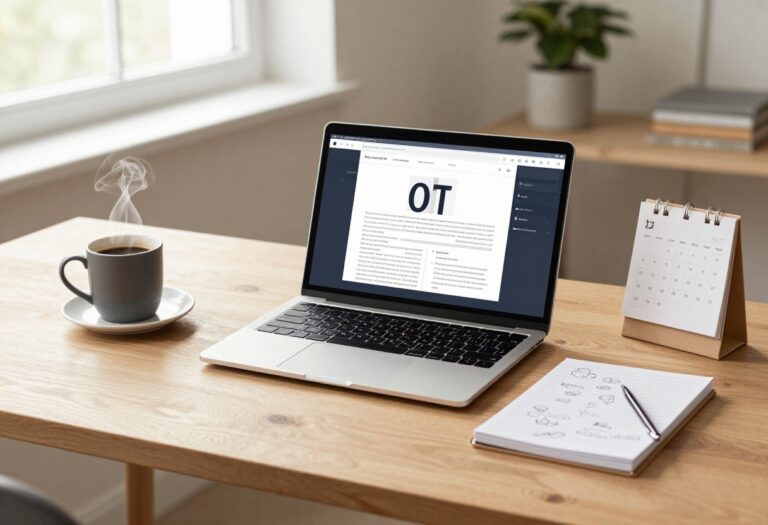 A blogger's desk with a laptop, notebook, coffee, and calendar representing a consistent blog posting routine