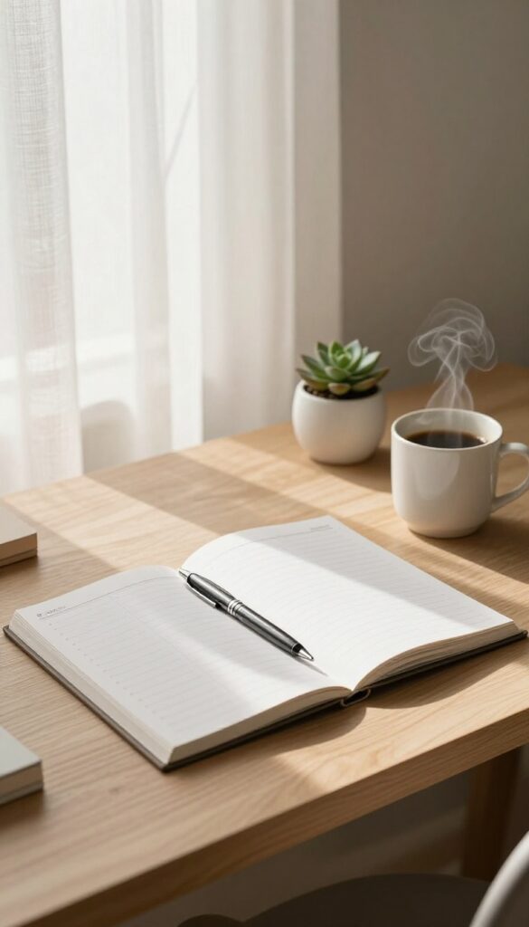 Bright sunlit desk with an open blank planner, coffee mug, and small plant, representing a calm and realistic blogging schedule