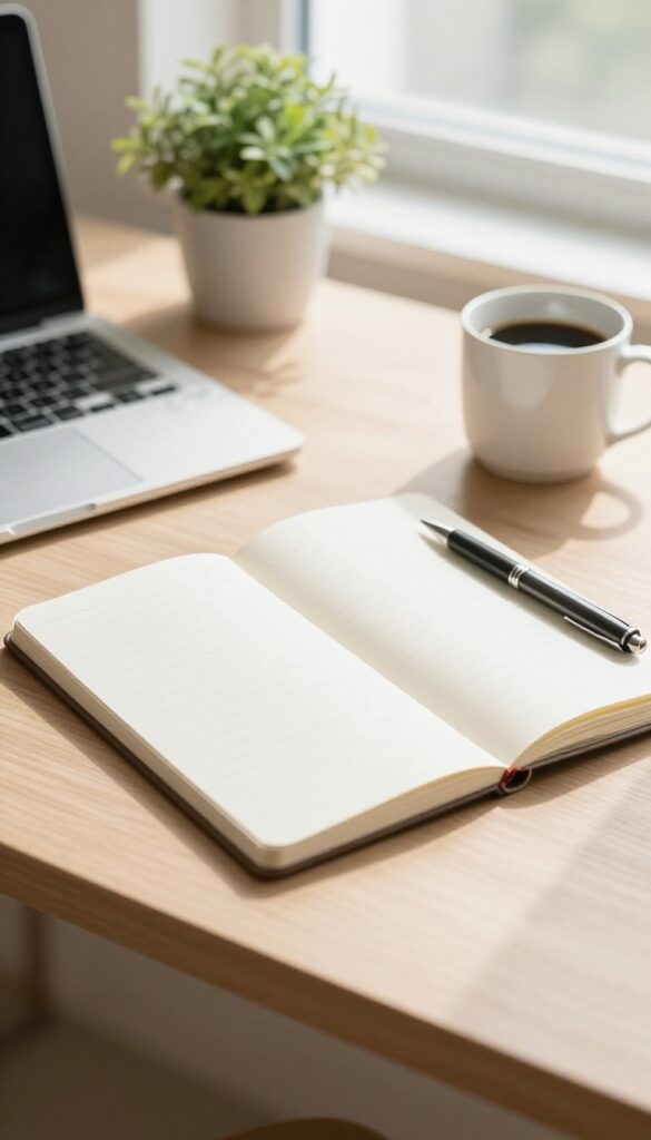 Bright minimalist desk with an open blank notebook and pen in natural light