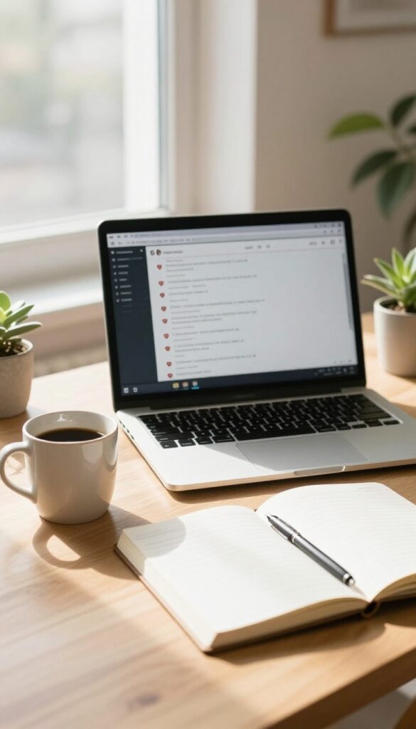 Sunlit blogger desk with a laptop showing a comments thread, coffee mug, notebook, and small plant