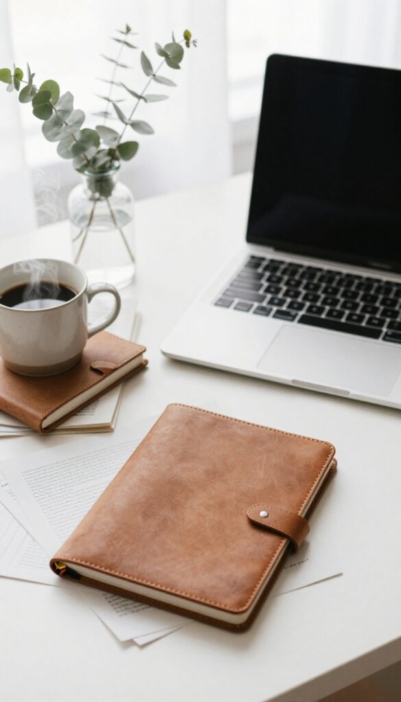 Bright flat lay of a blogger's desk with a laptop, stacked notebooks, coffee, and fresh eucalyptus in natural light