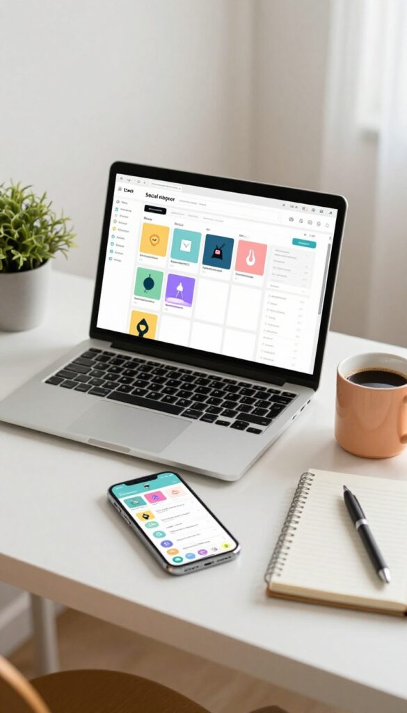 Bright home desk with a laptop showing a social media scheduling calendar and a phone with a content queue, coffee, plant, and notebook