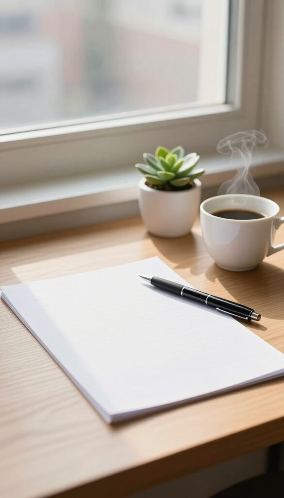 Bright desk with a printed document, pen, coffee, and a small plant by a sunny window, representing writing clear blog rules and terms