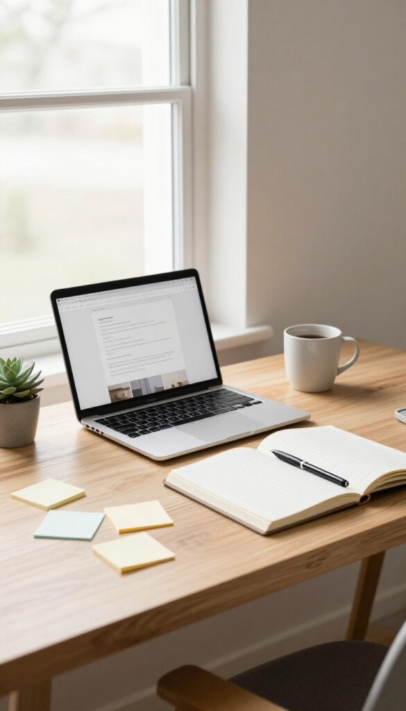 Bright minimal home office desk with an open laptop showing a simple blog layout, a plant, coffee mug, and blank notebook in natural light