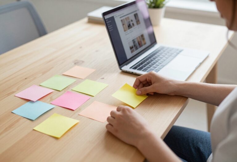 Person organizing colorful sticky notes to plan blog categories on a desk with a laptop