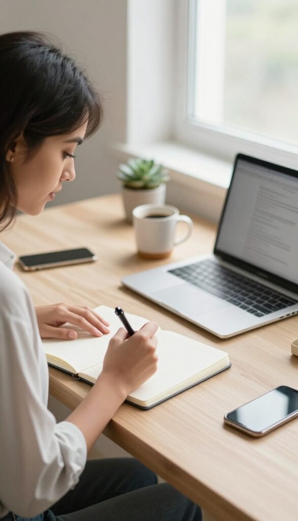 Woman brainstorming a blog name at a bright desk with a notebook, laptop, coffee, and plant
