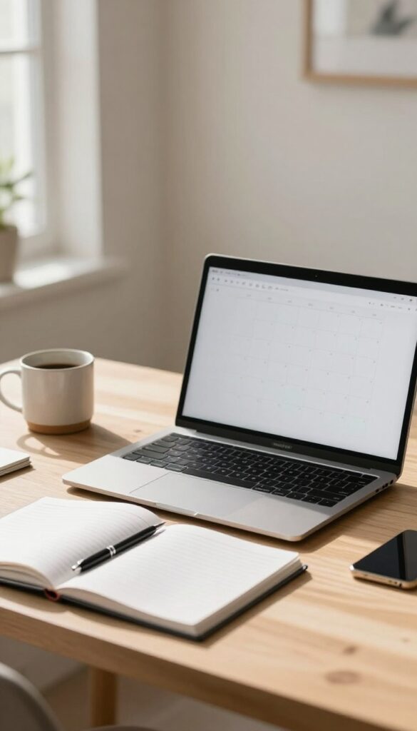 Bright home office desk with a laptop and planner set up for scheduling blog posts ahead of time