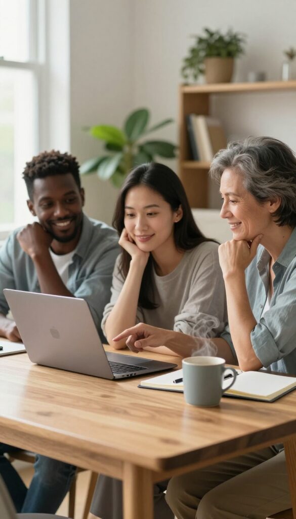 Three friends gathered around a laptop at a bright table, testing a blog together and pointing at the screen.